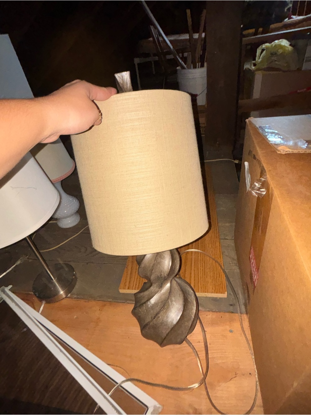 Neutral Beige Table Lamp with Sculpted Bronze Base